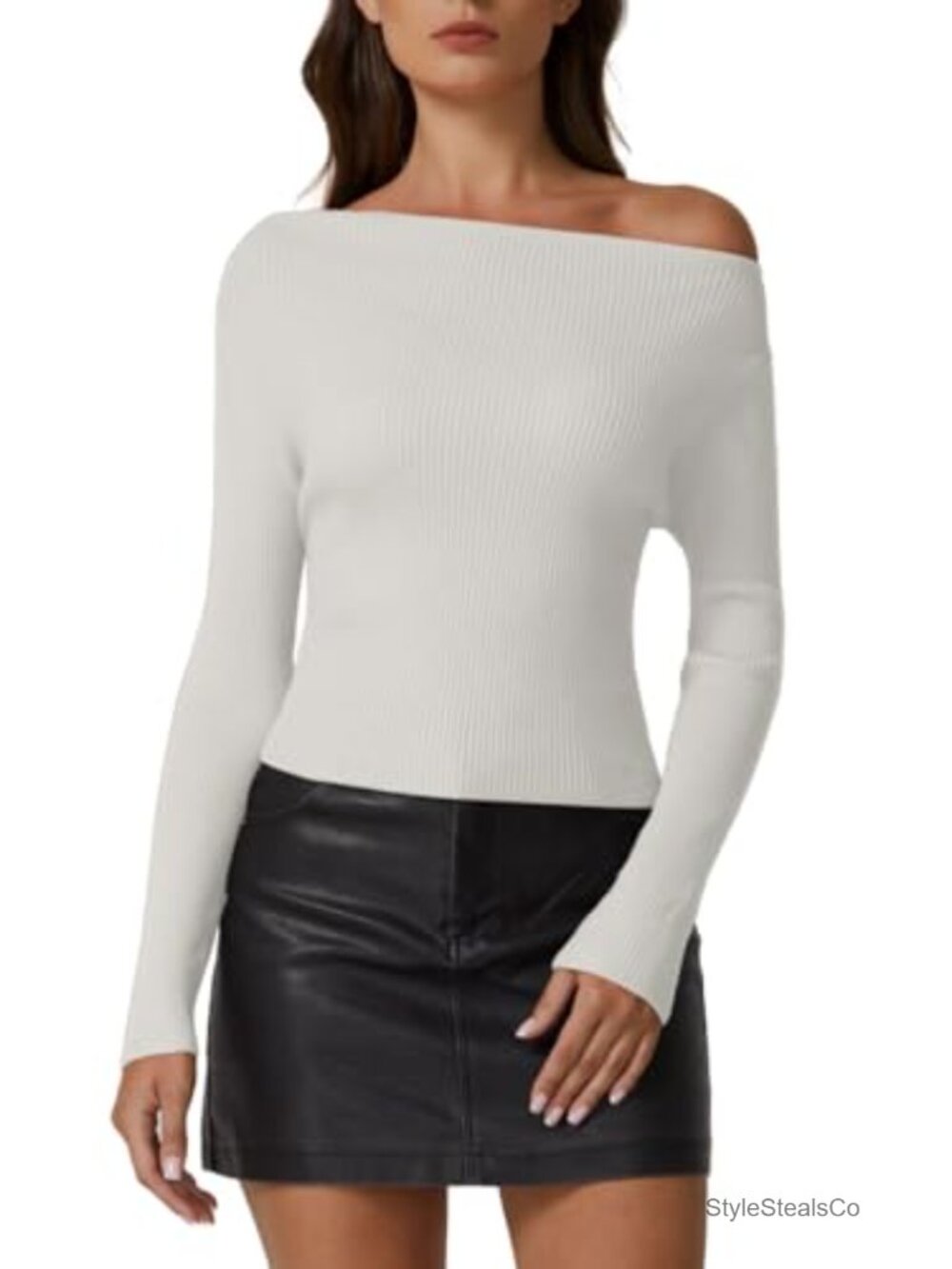 Asymmetrical Neck Ribbed Knit Sweater Slim Fit Long Sleeve Pullover Top
